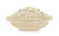 A Belleek Four Stand Covered Basket Width 12 1/2 inches. — FOURTH OR FIFTH IMPRESSED MARK (1955-1989)