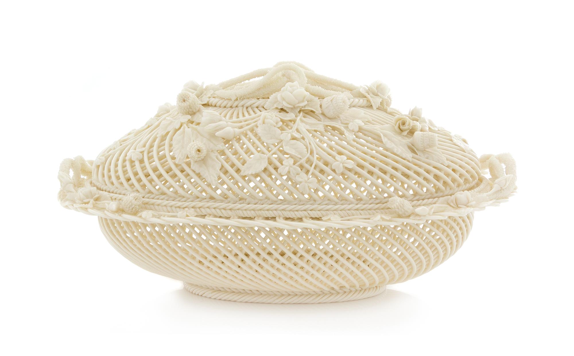 A Belleek Four Stand Covered Basket Width 12 1/2 inches. — FOURTH OR FIFTH IMPRESSED MARK (1955-1989)