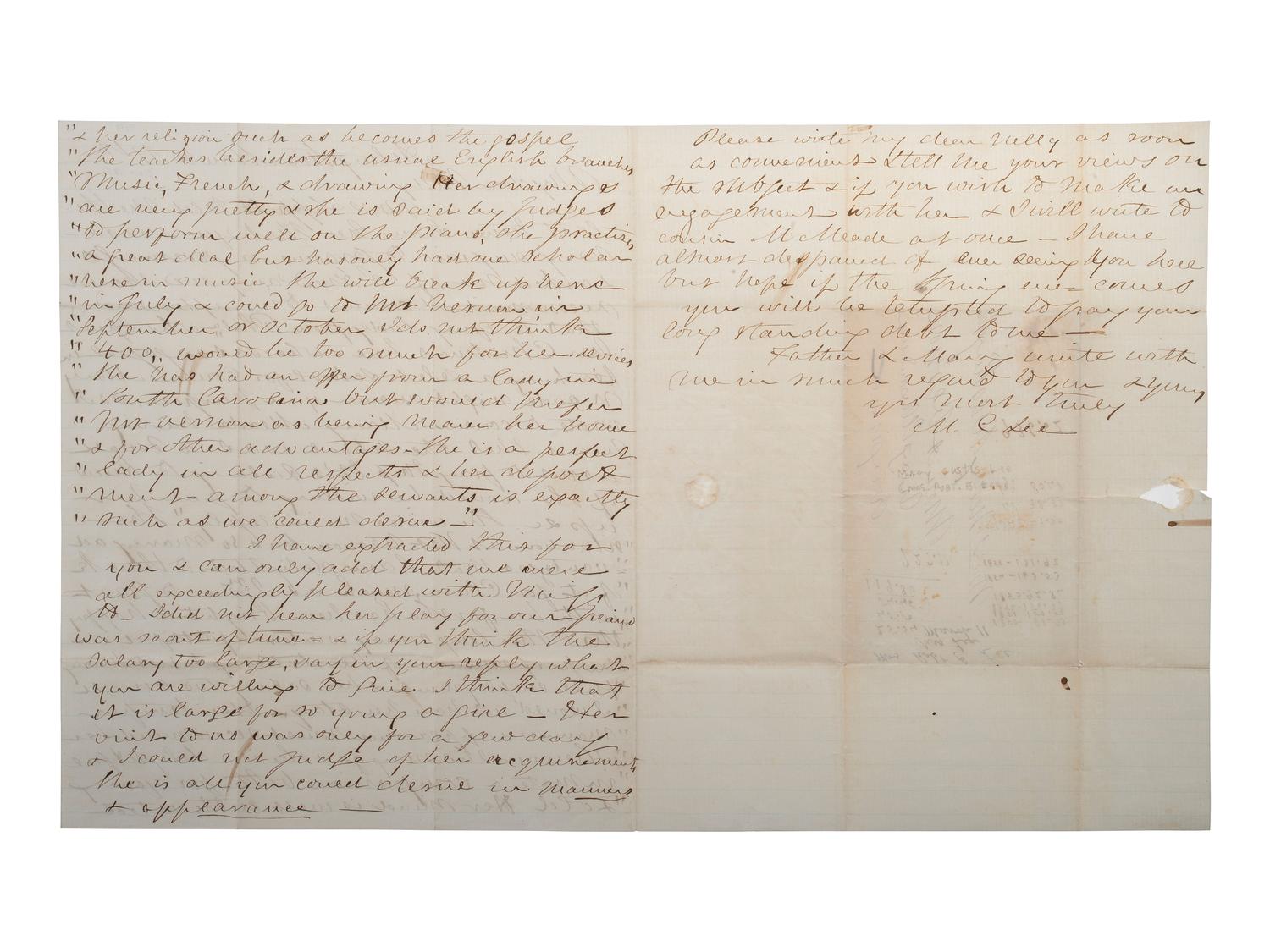 LEE, Mary Custis (1807-1873). Autograph letter signed ("M C Lee") to Eleanor Washington (1824-1860). Arlington, [VA], ca 1855-56.