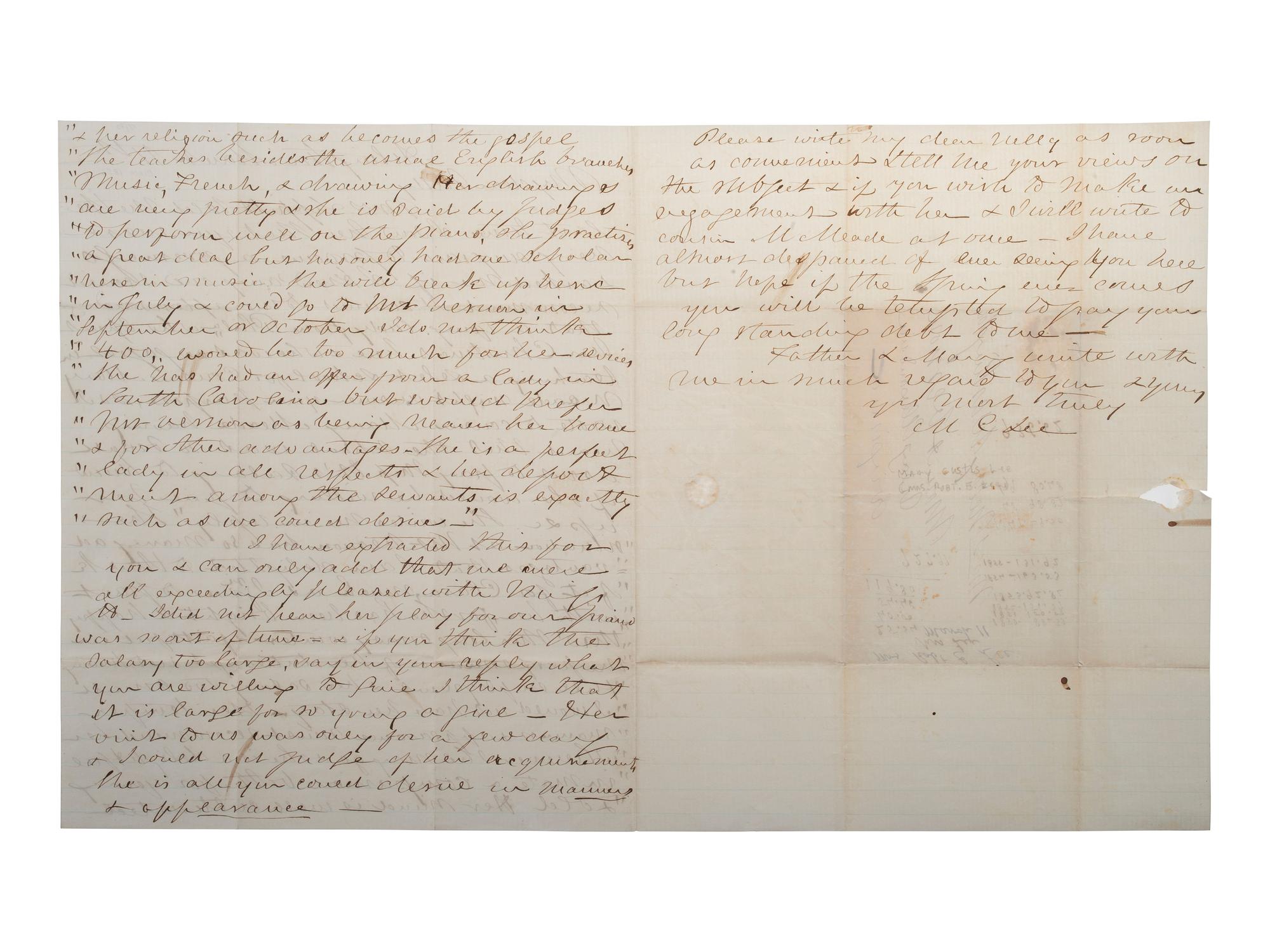 LEE, Mary Custis (1807-1873). Autograph letter signed ("M C Lee") to Eleanor Washington (1824-1860). Arlington, [VA], ca 1855-56.