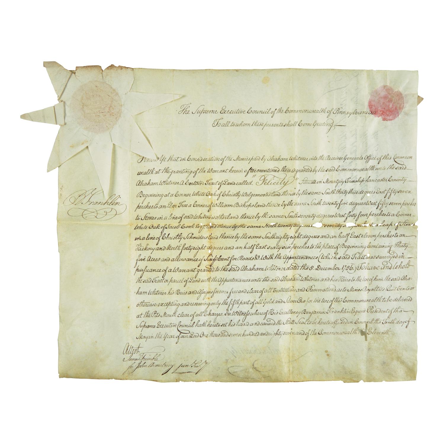 [Franklin, Benjamin] Franklin, Benjamin. Manuscript Document, signed