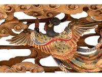 A Pair of Finely Carved Japanese Polychrome and Gilt Painted Wood Temple Carvings