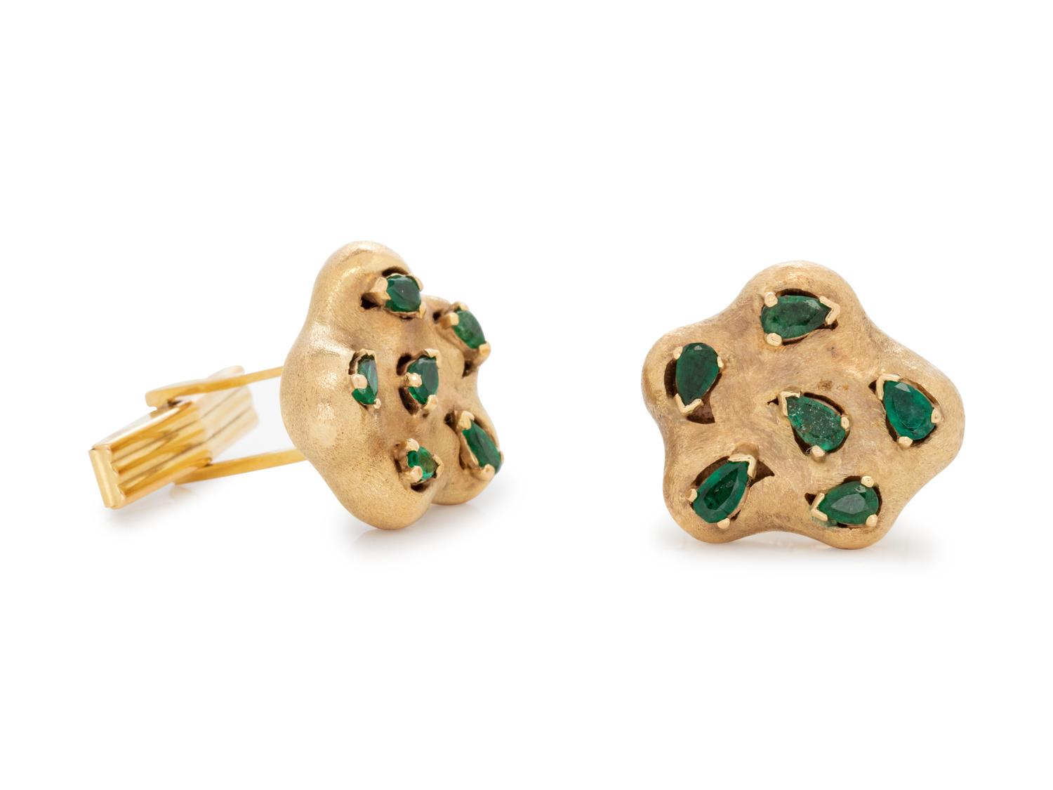 A Pair of 14 Karat Yellow Gold and Emerald Cufflinks,