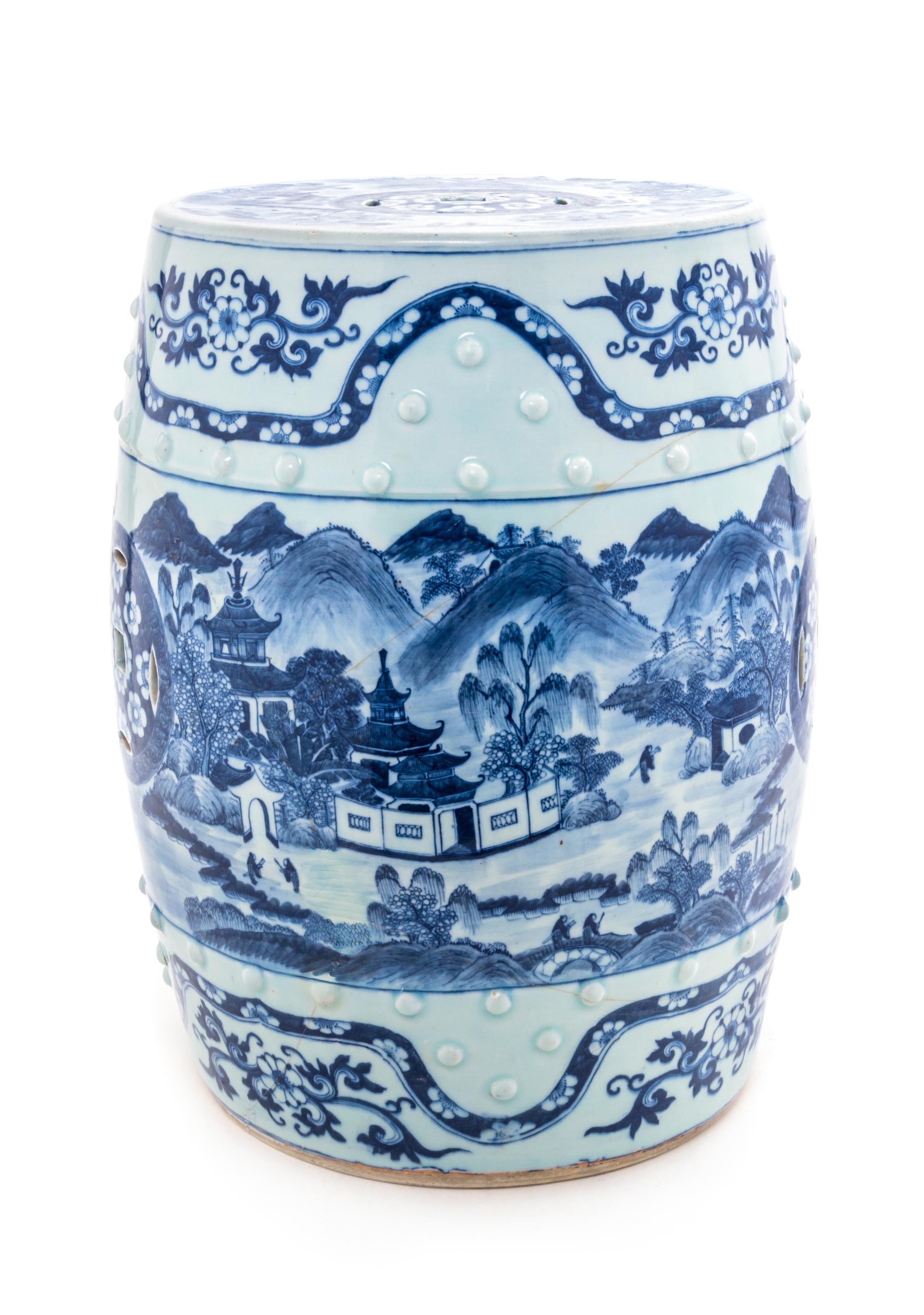 A Blue and White Porcelain Garden Stool Height 18 x diameter 13 inches. — 19TH CENTURY