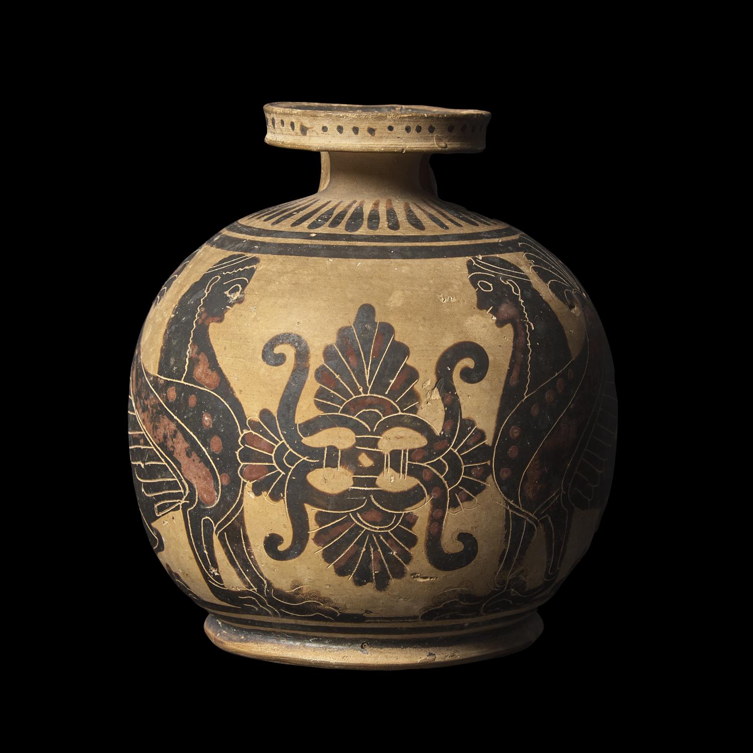 A Corinthian Black-Figured Flat-Bottomed Aryballos