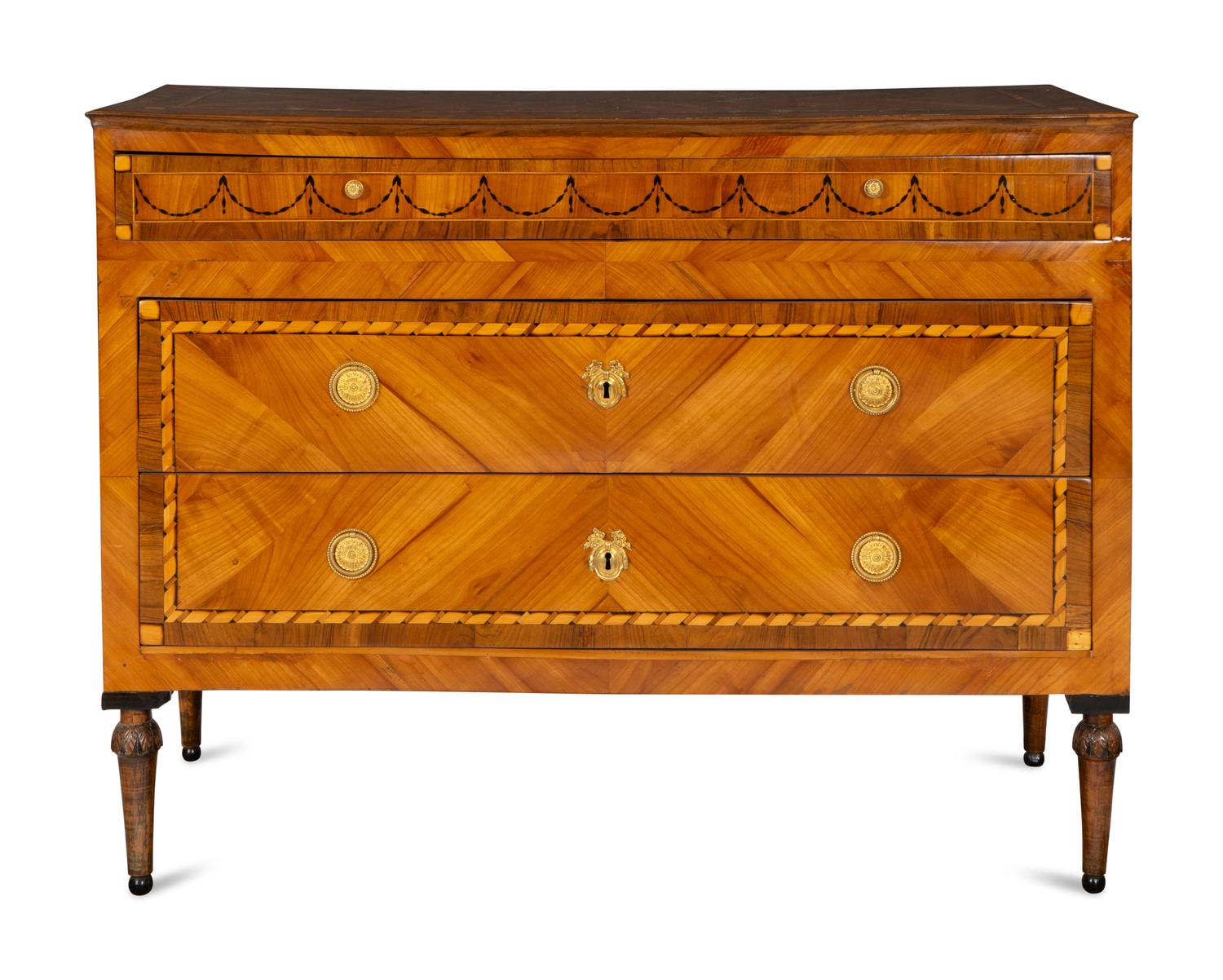 A Pair of Fine North Italian Neoclassical Walnut and Fruitwood Parquetry Commodes