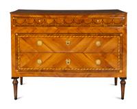 A Pair of Fine North Italian Neoclassical Walnut and Fruitwood Parquetry Commodes