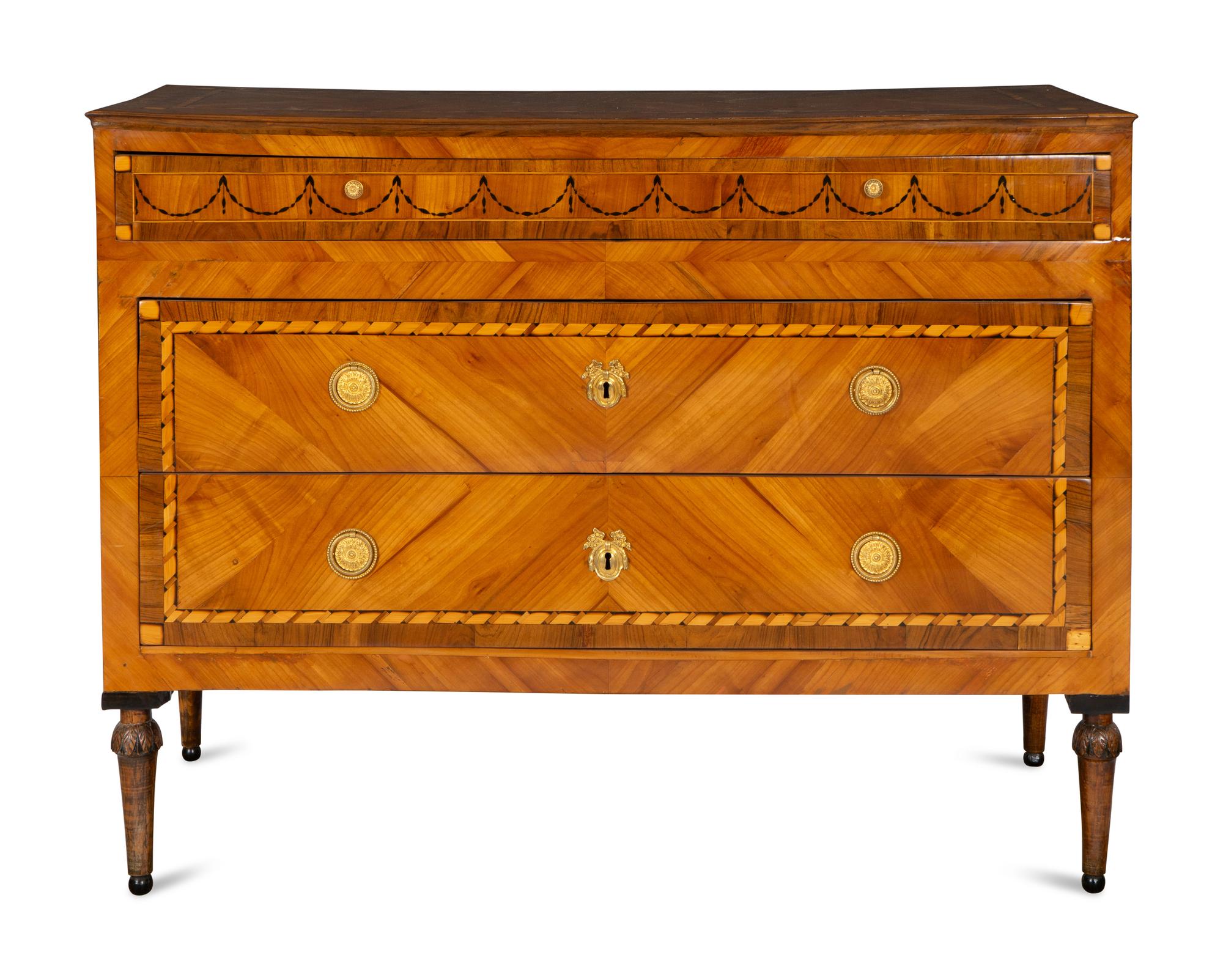 A Pair of Fine North Italian Neoclassical Walnut and Fruitwood Parquetry Commodes