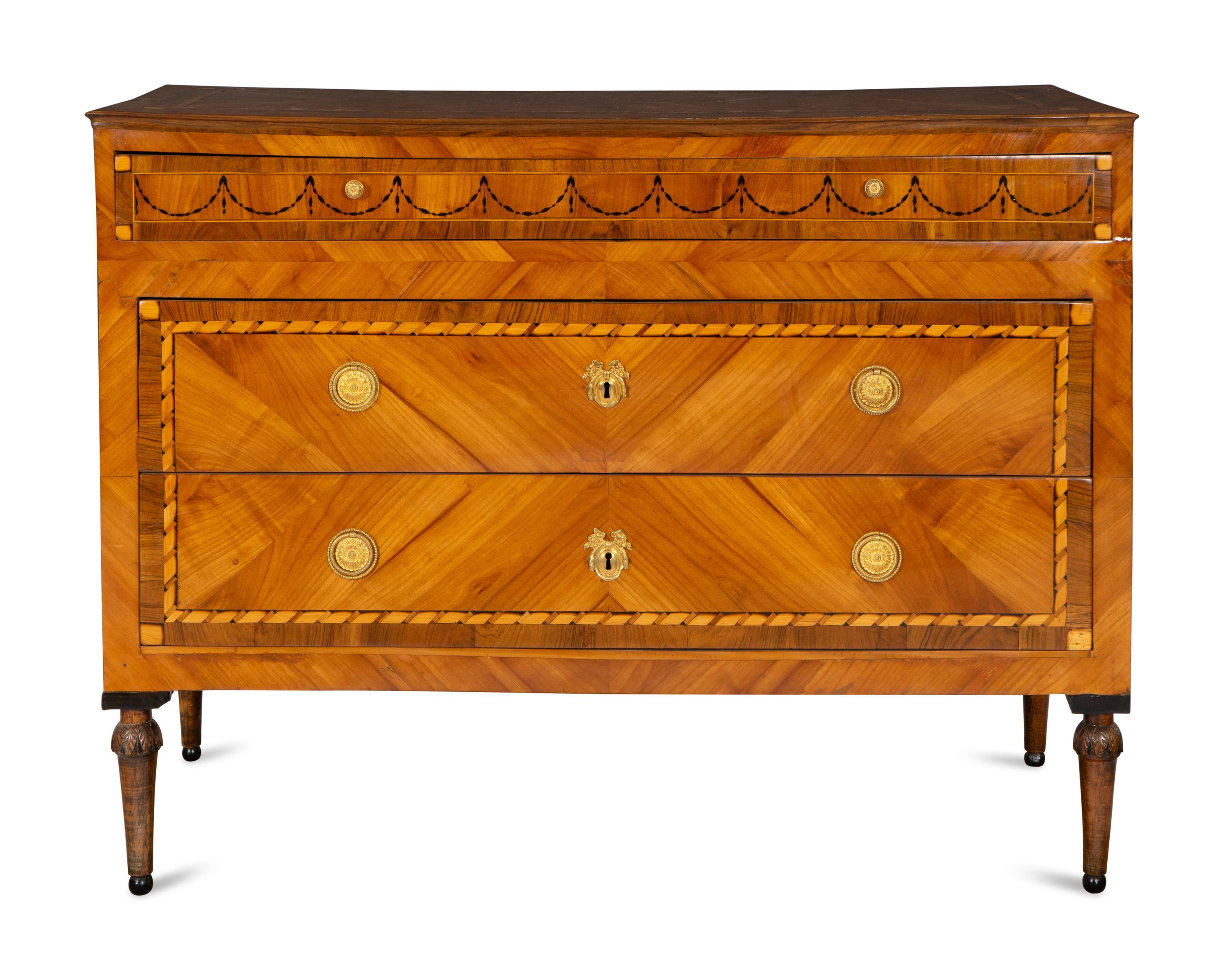 A Pair of Fine North Italian Neoclassical Walnut and Fruitwood Parquetry Commodes