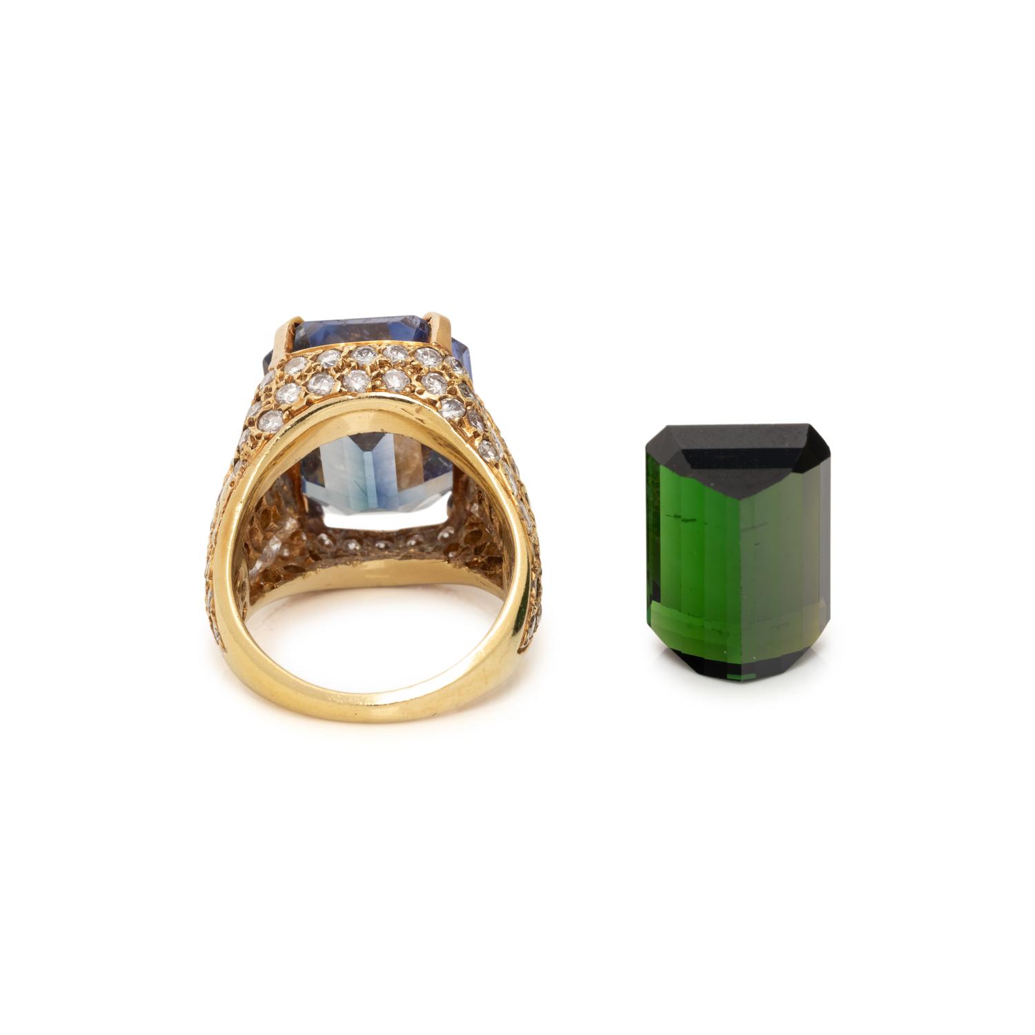 YELLOW GOLD, SYNTHETIC SAPPHIRE AND DIAMOND RING & LOOSE TOURMALINE