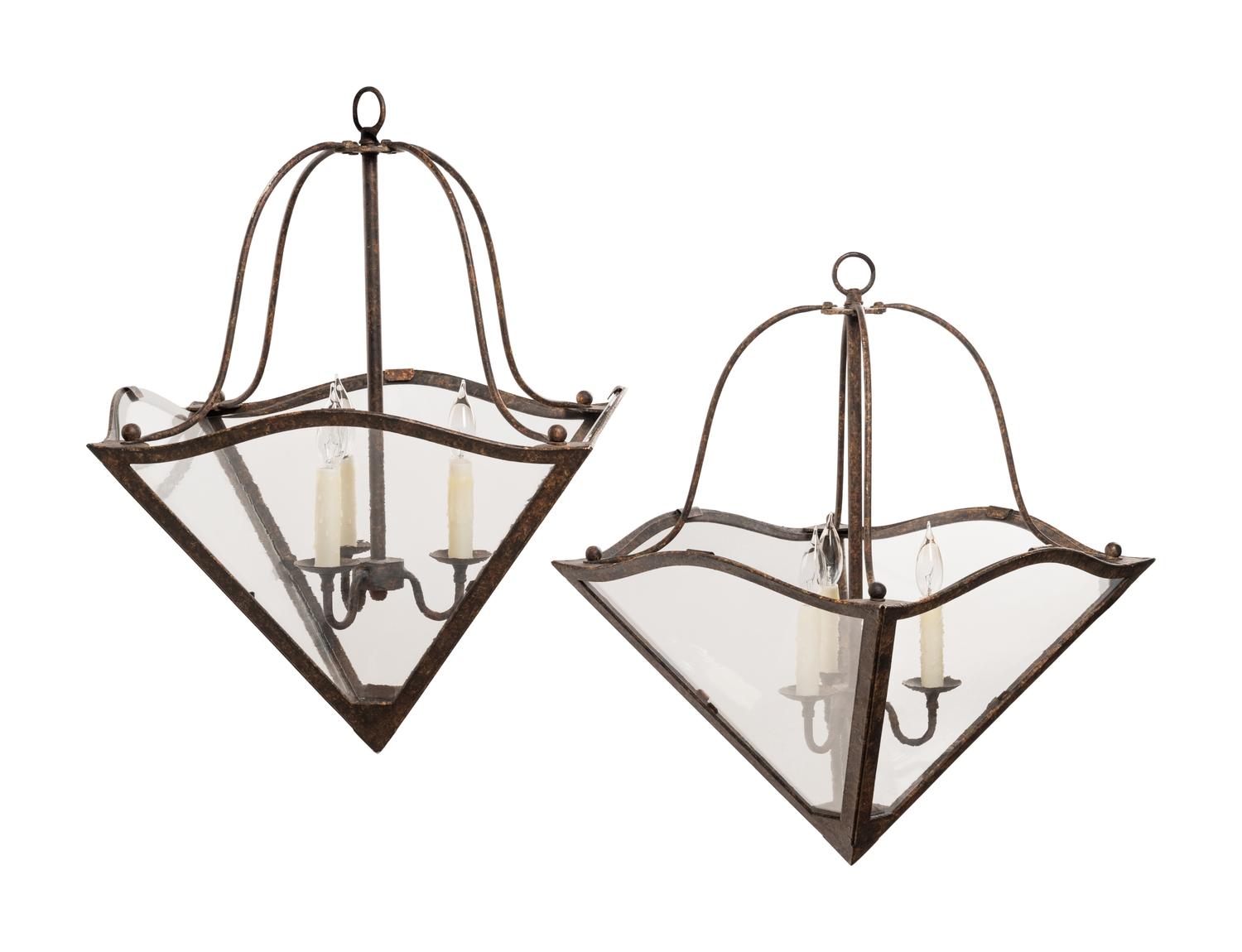 A Pair of Triangular Iron Hall Lanterns