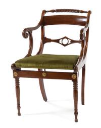 A Regency Brass Inlaid Mahogany Open Armchair Height 32 inches.