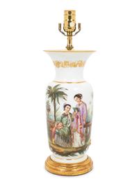 A French Painted Opaque White Glass Vase Mounted as a Lamp with a Fringed Silk Shade