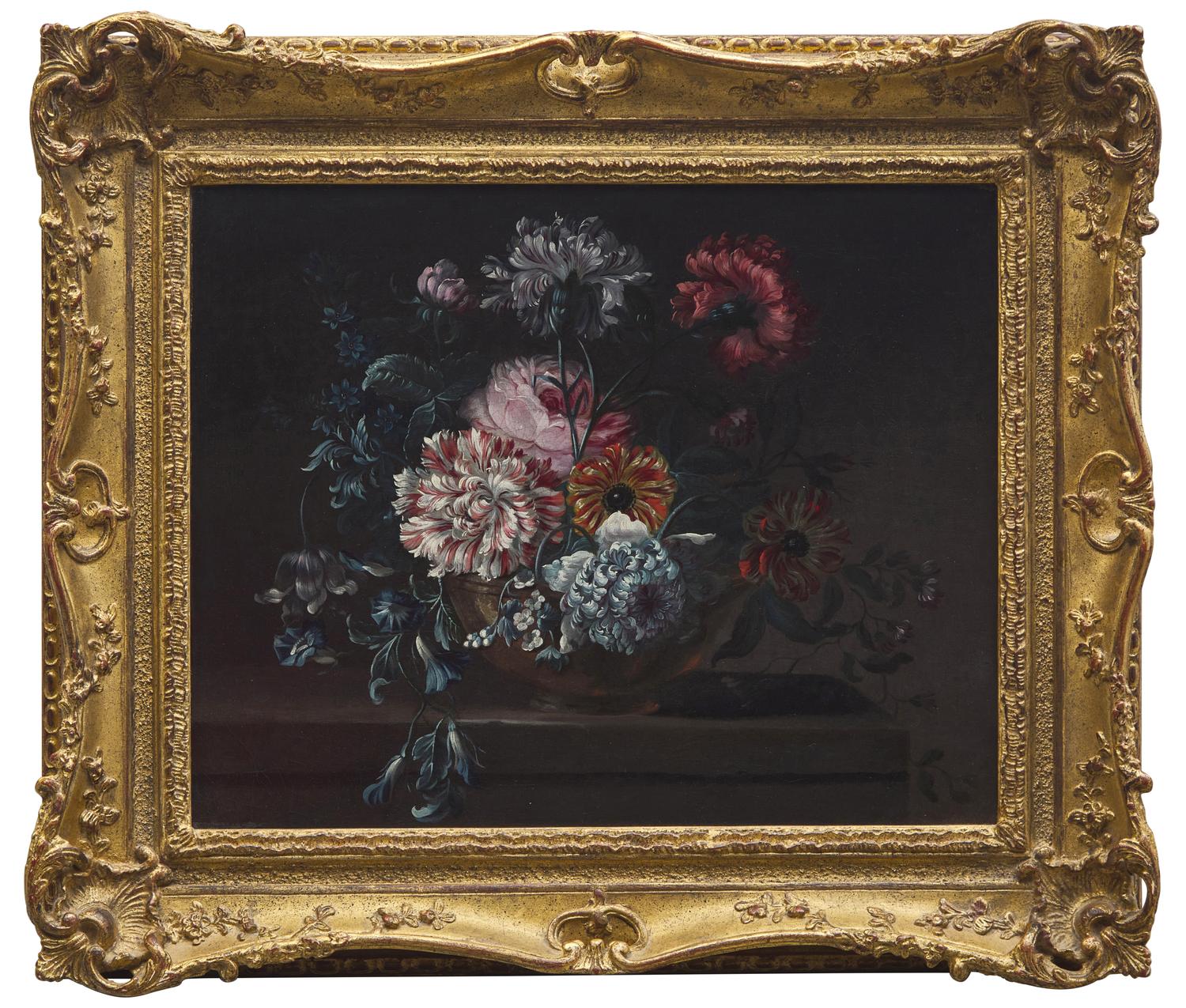 Still Life of Variegated Carnations and Other Flowers on a Ledge