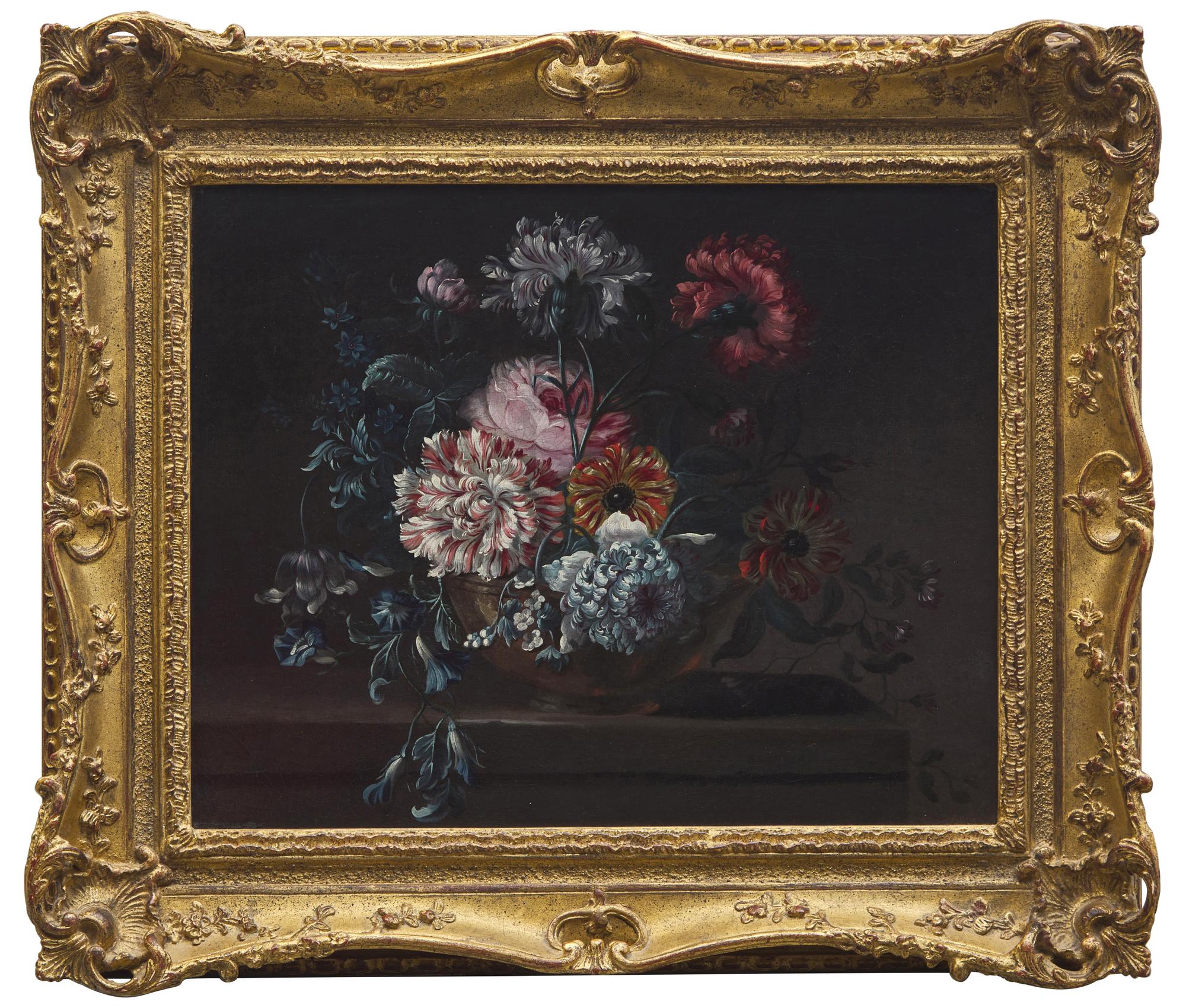 Still Life of Variegated Carnations and Other Flowers on a Ledge