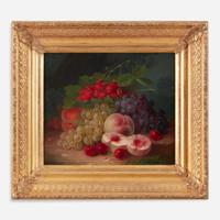 George Forster (American, 1817–1896) Still Life with Peaches, Strawberries, Grapes and Cherries in a Landscape