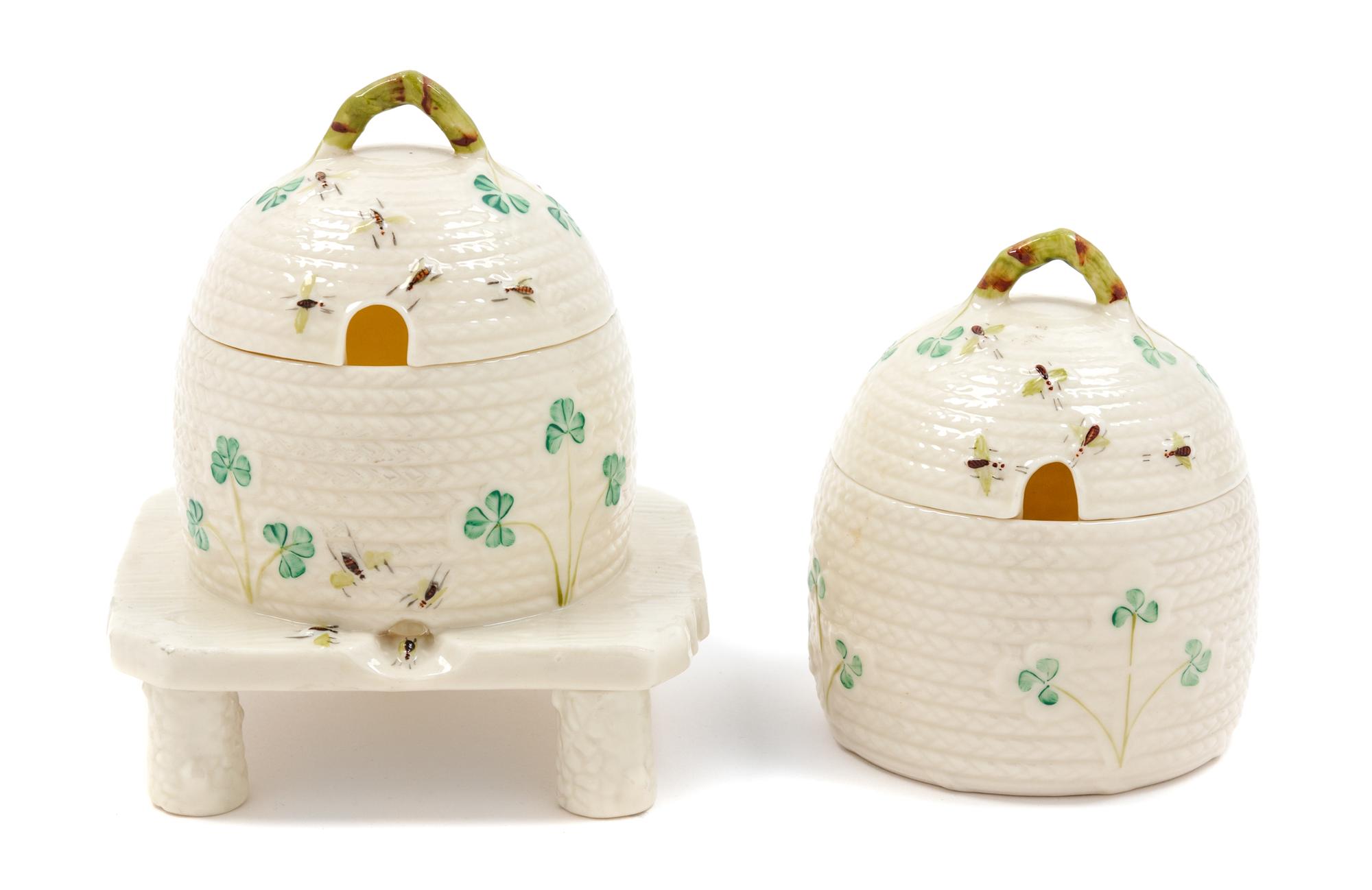 Two Belleek Shamrock Honey Pots Height of taller 5 3/4 inches. — SIXTH GREEN MARK (1965-1980)