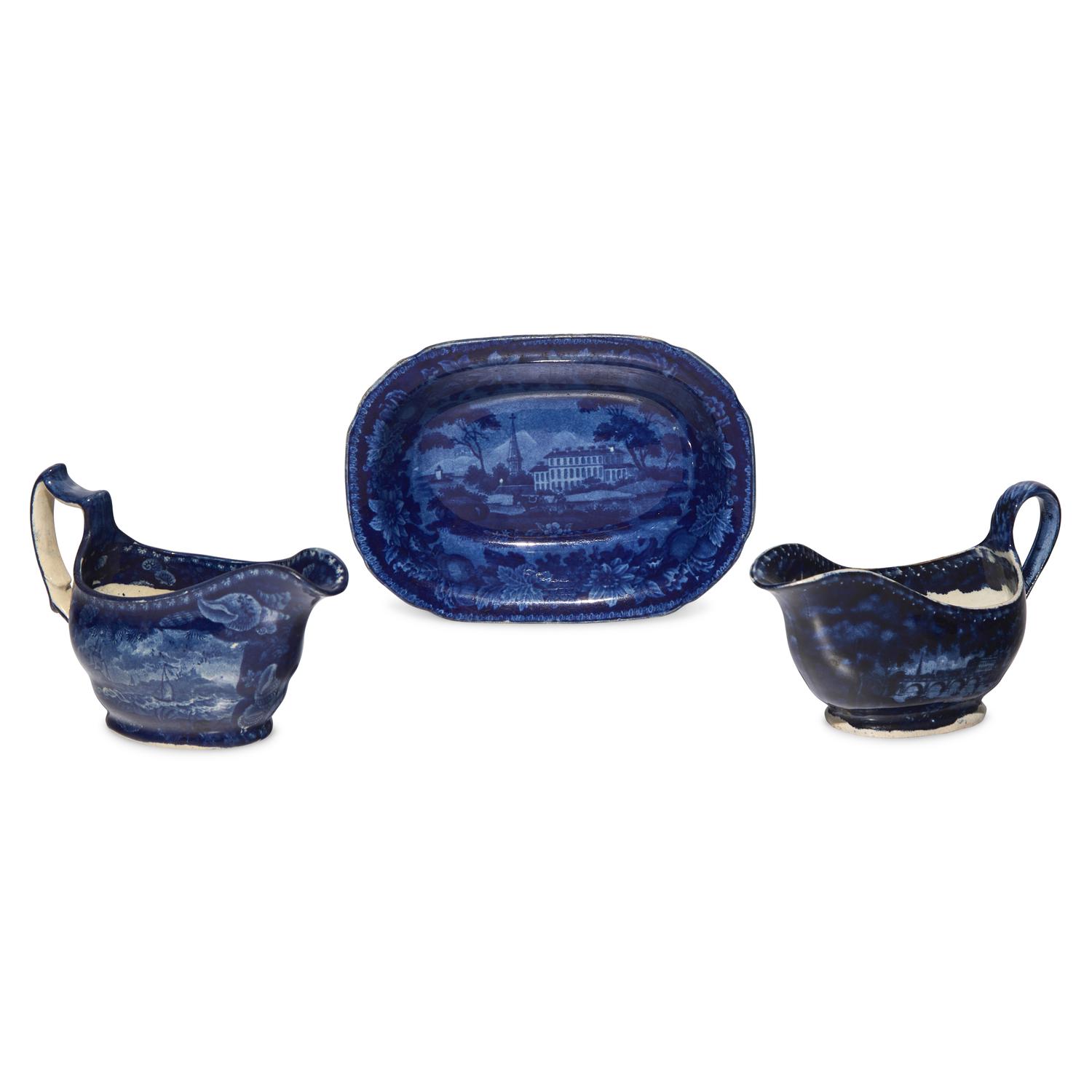 Two Staffordshire Historical Blue Sauce Boats and a Tureen Undertray