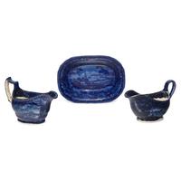 Two Staffordshire Historical Blue Sauce Boats and a Tureen Undertray