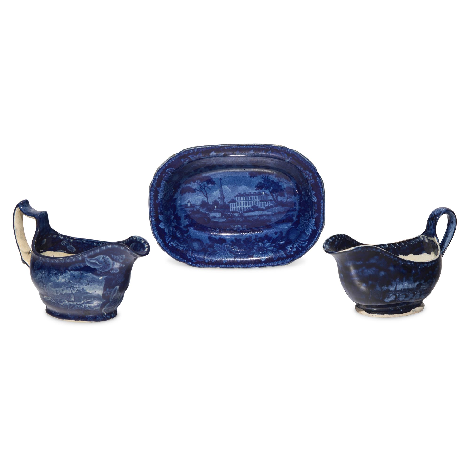 Two Staffordshire Historical Blue Sauce Boats and a Tureen Undertray