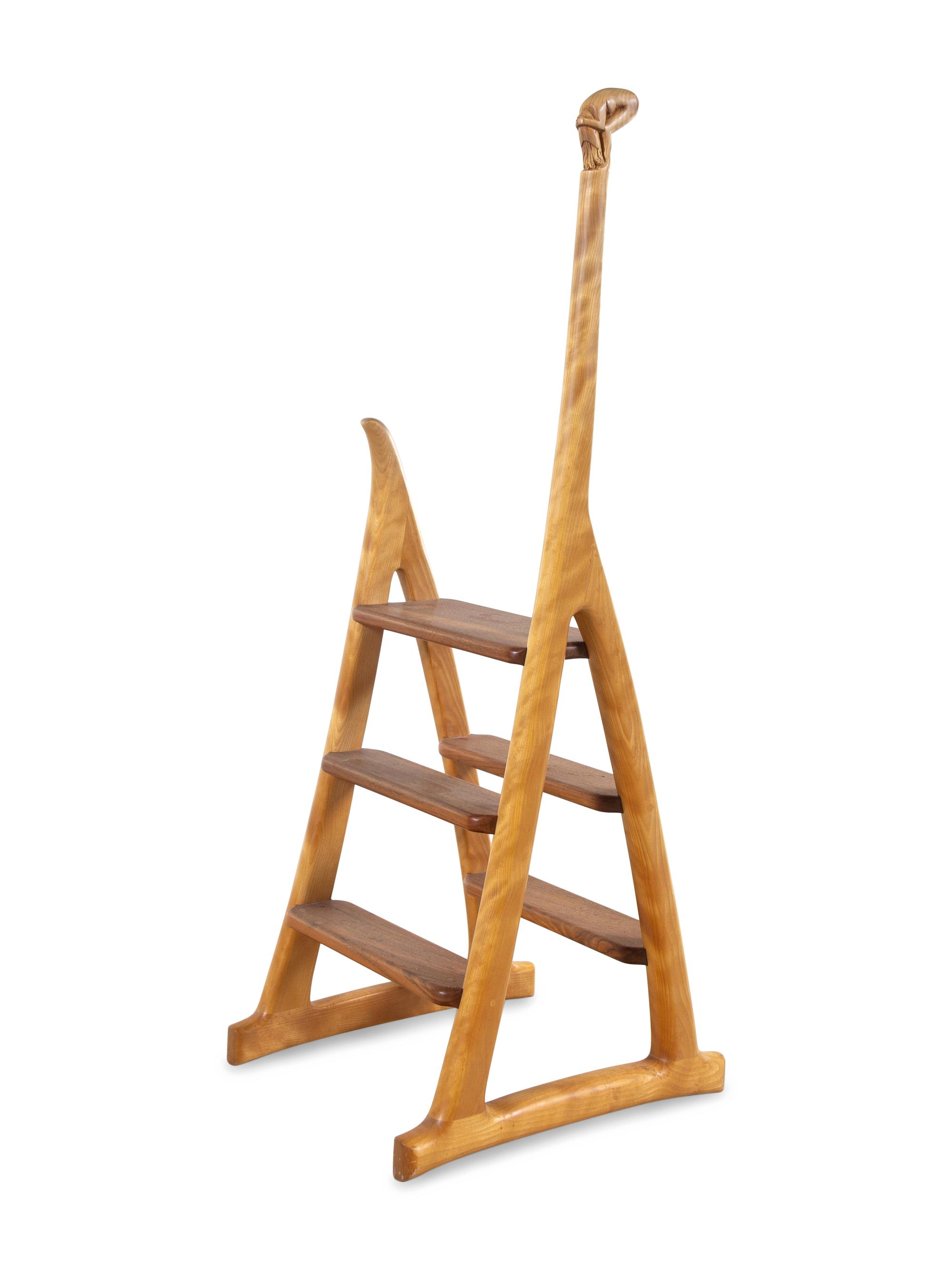 An American Contemporary Carved Wenge and Ash Figural Library Ladder