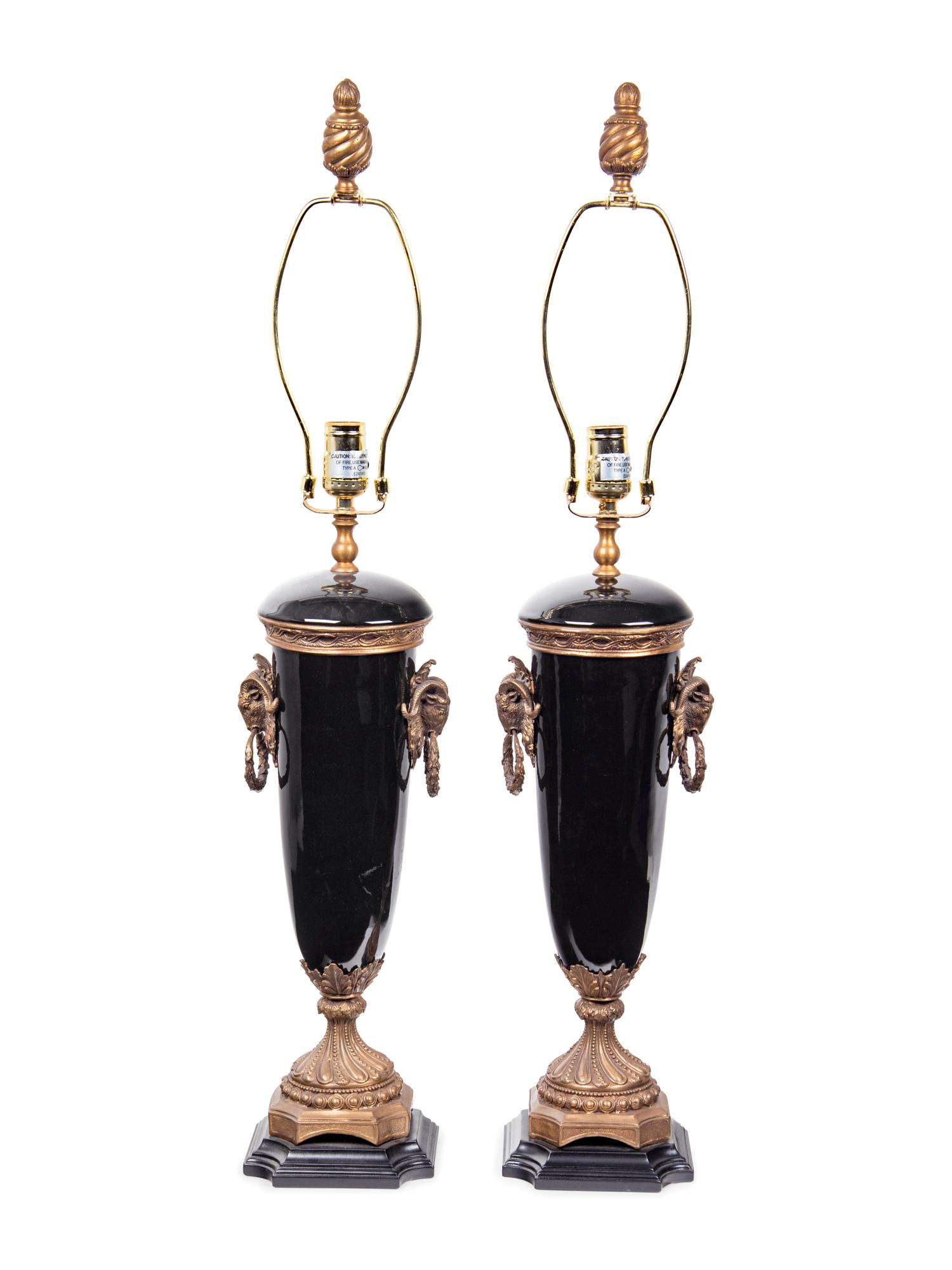 A Pair of French Gilt Bronze and Glazed Ceramic Urns Mounted as Lamps