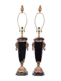 A Pair of French Gilt Bronze and Glazed Ceramic Urns Mounted as Lamps