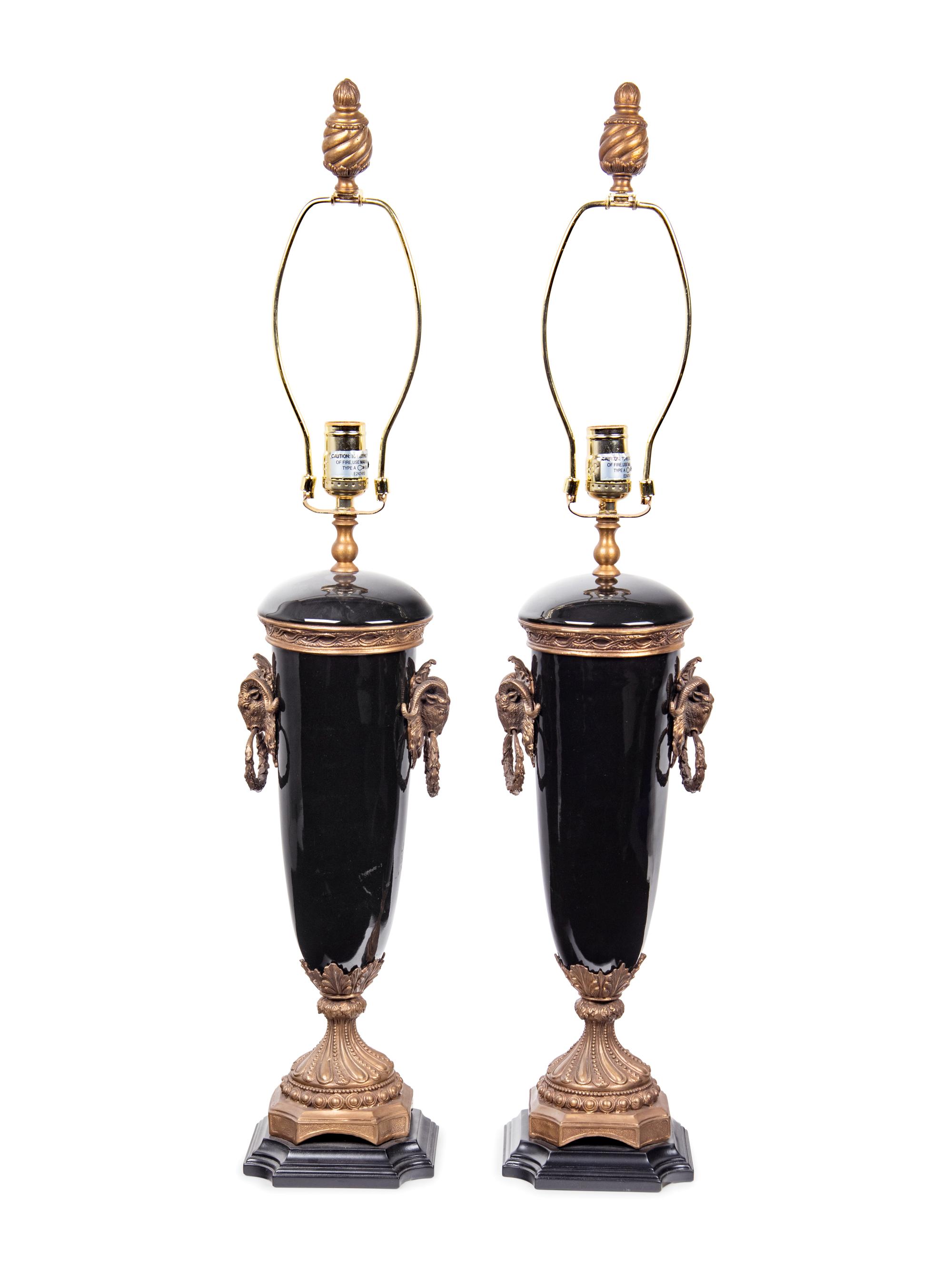 A Pair of French Gilt Bronze and Glazed Ceramic Urns Mounted as Lamps