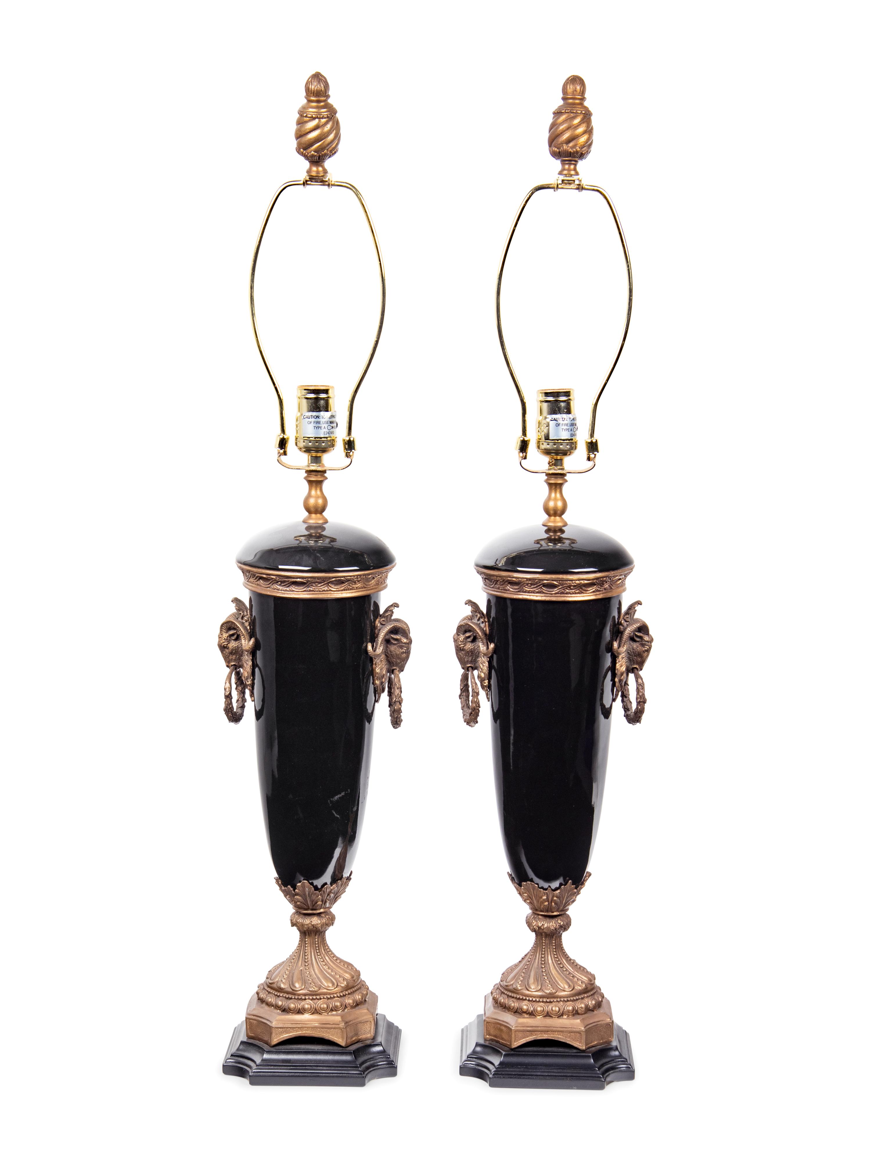 A Pair of French Gilt Bronze and Glazed Ceramic Urns Mounted as Lamps