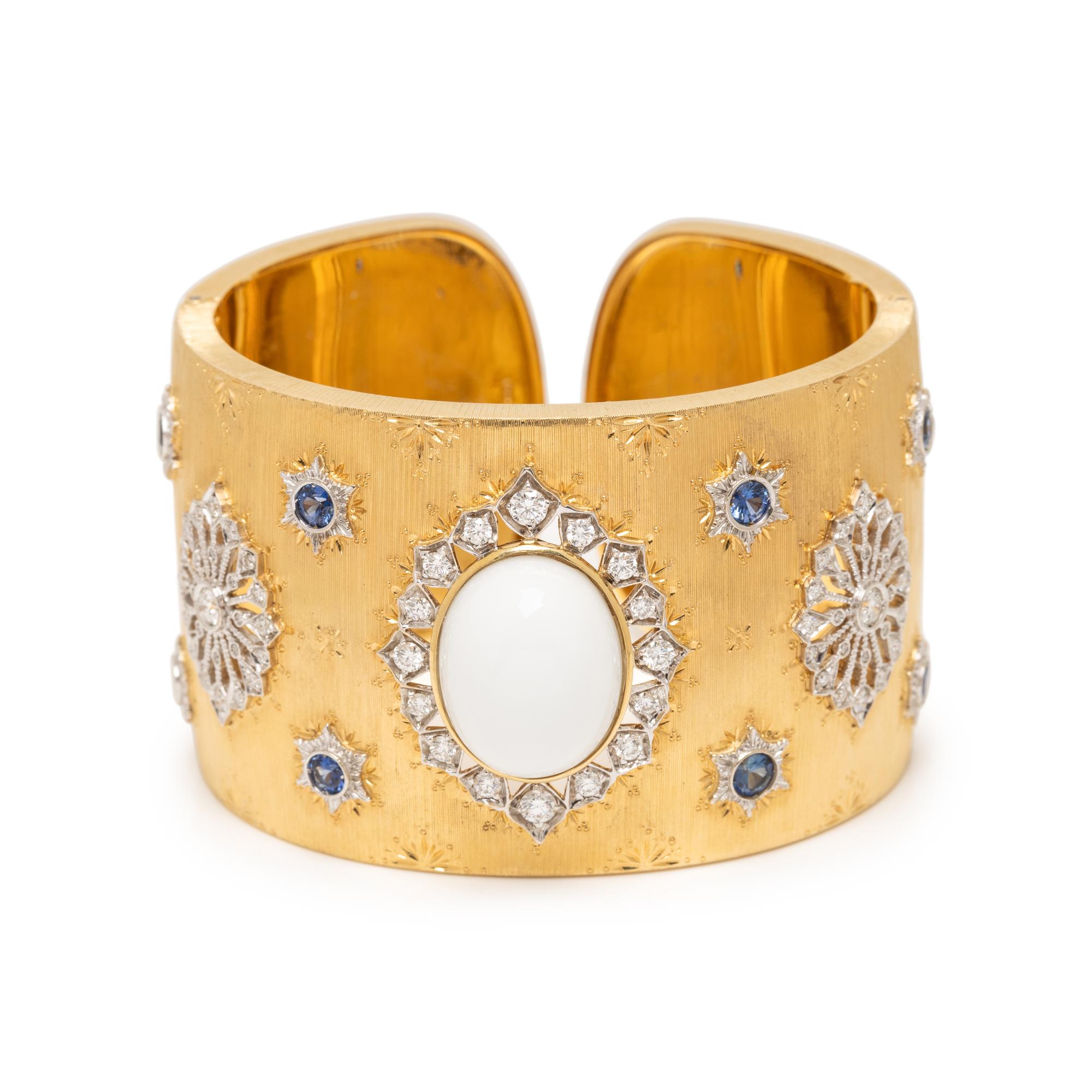CACHOLONG, DIAMOND AND SAPPHIRE CUFF BRACELET