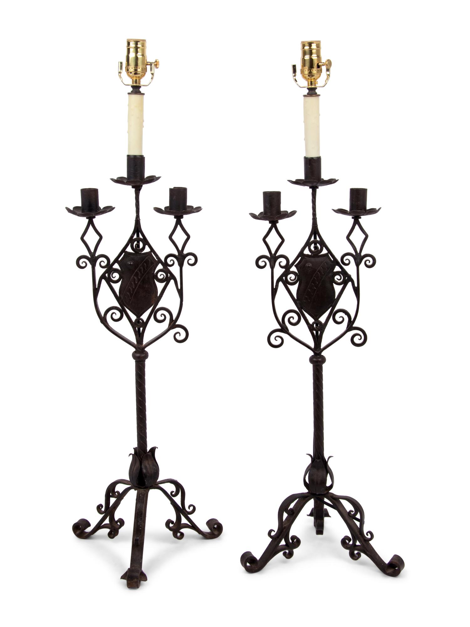 A Pair of Continental Iron Three-Light Candelabra Mounted as Lamps