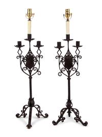 A Pair of Continental Iron Three-Light Candelabra Mounted as Lamps