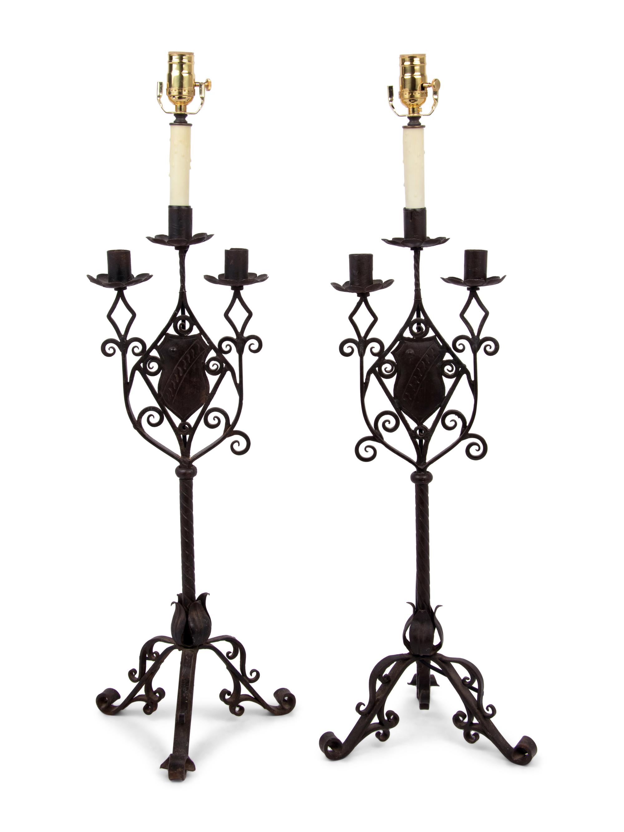 A Pair of Continental Iron Three-Light Candelabra Mounted as Lamps