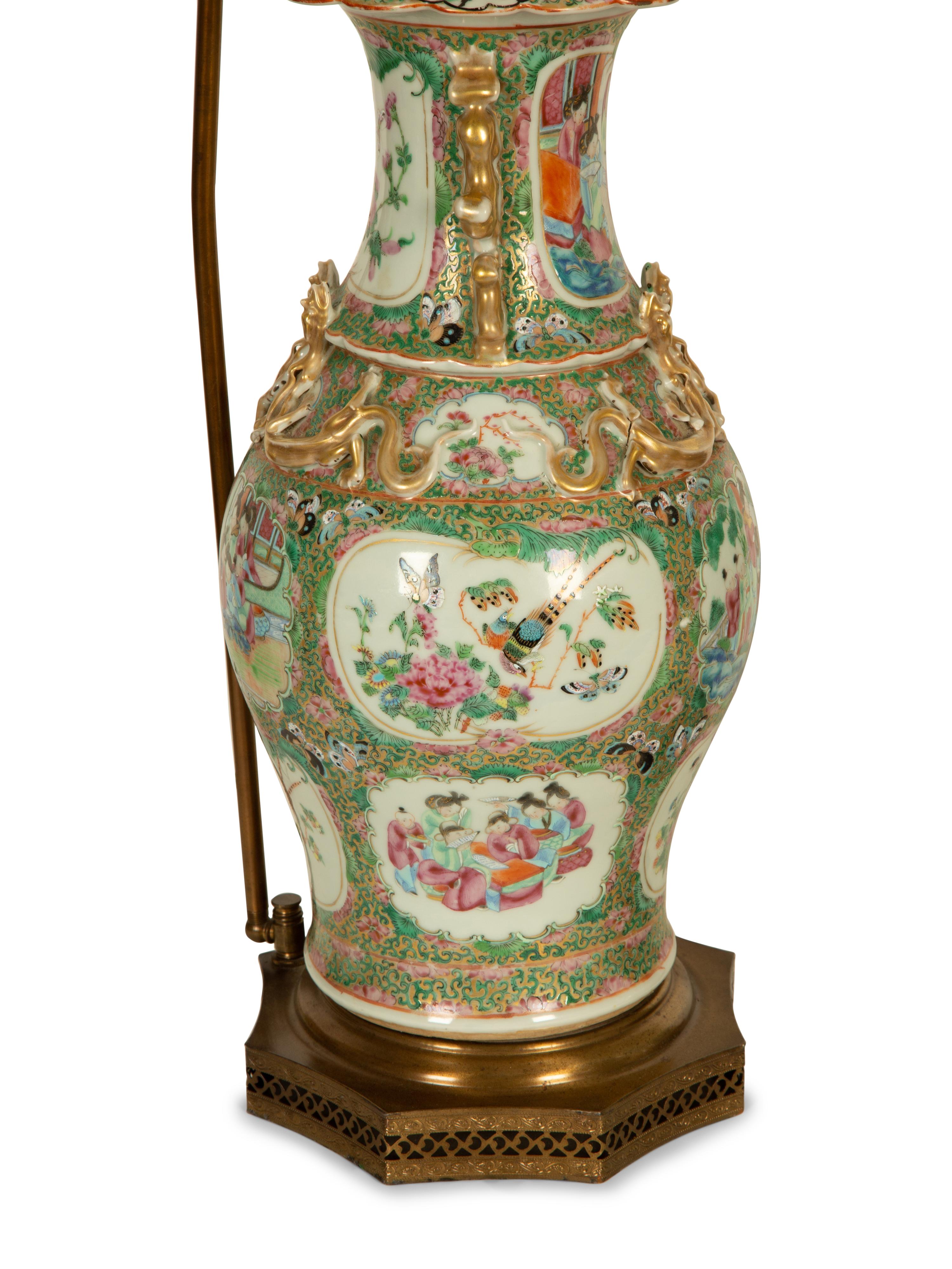 A Pair of Chinese Rose Medallion Porcelain Vases Mounted on Brass Lamp Stands