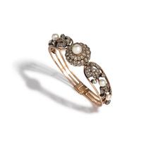 FRENCH, ANTIQUE, DIAMOND AND PEARL BANGLE BRACELET
