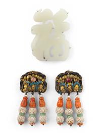 A Pair of Chinese Gilt Metal, Coral, and Seed Pearl Ear Clips with a Chinese celadon Jade Pin