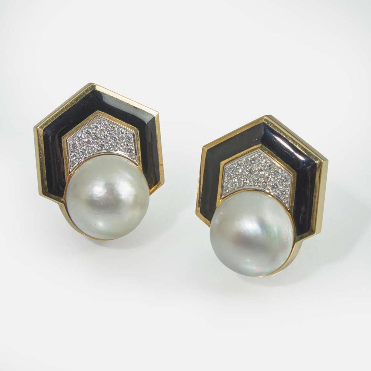 A Pair of 18K Yellow Gold, Pearl, and Diamond Earrings
