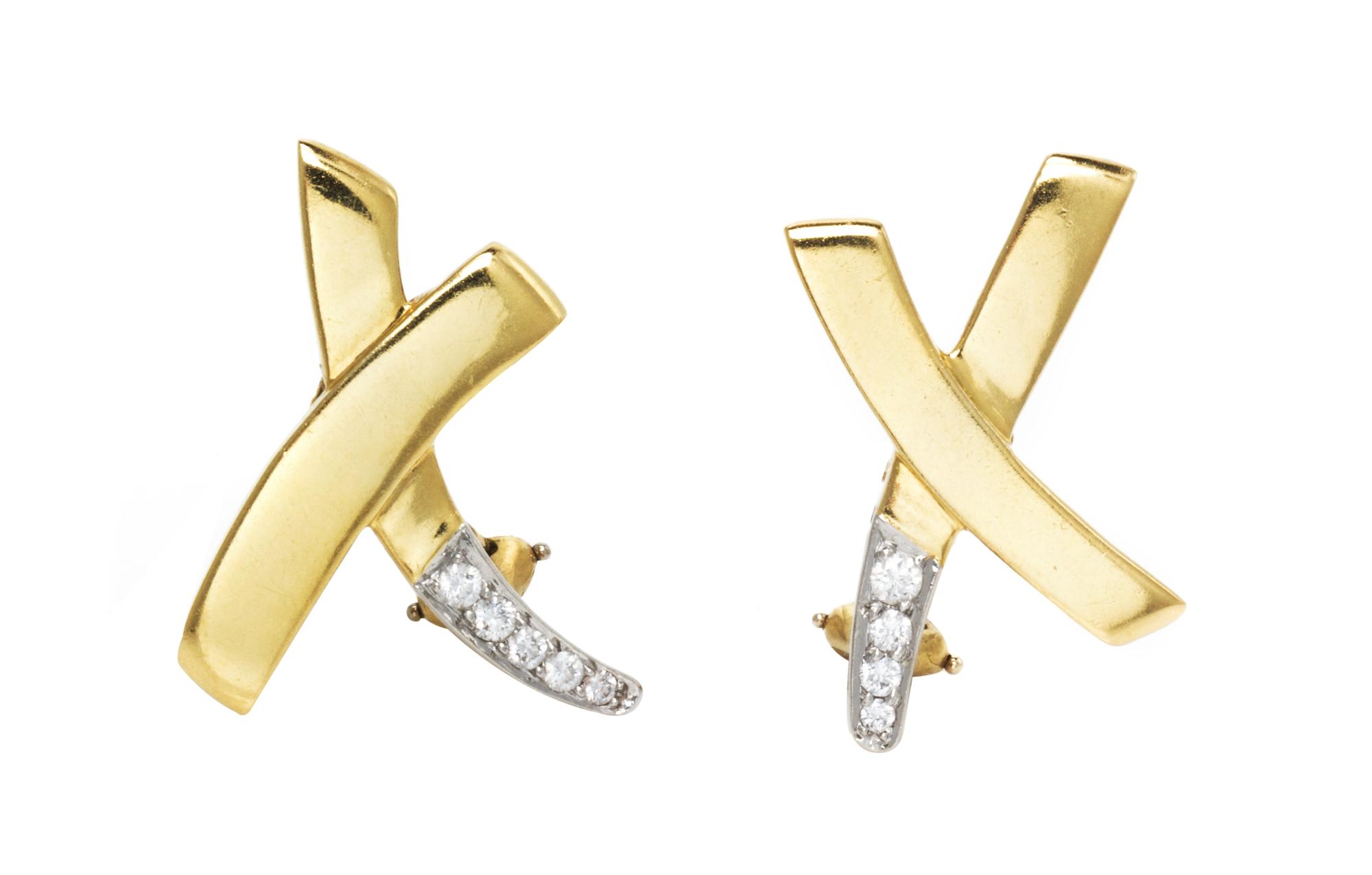 An 18 Karat Yellow Gold, Platinum and Diamond X Earclips, Paloma Picasso for Tiffany & Co, 7.70 dwts.