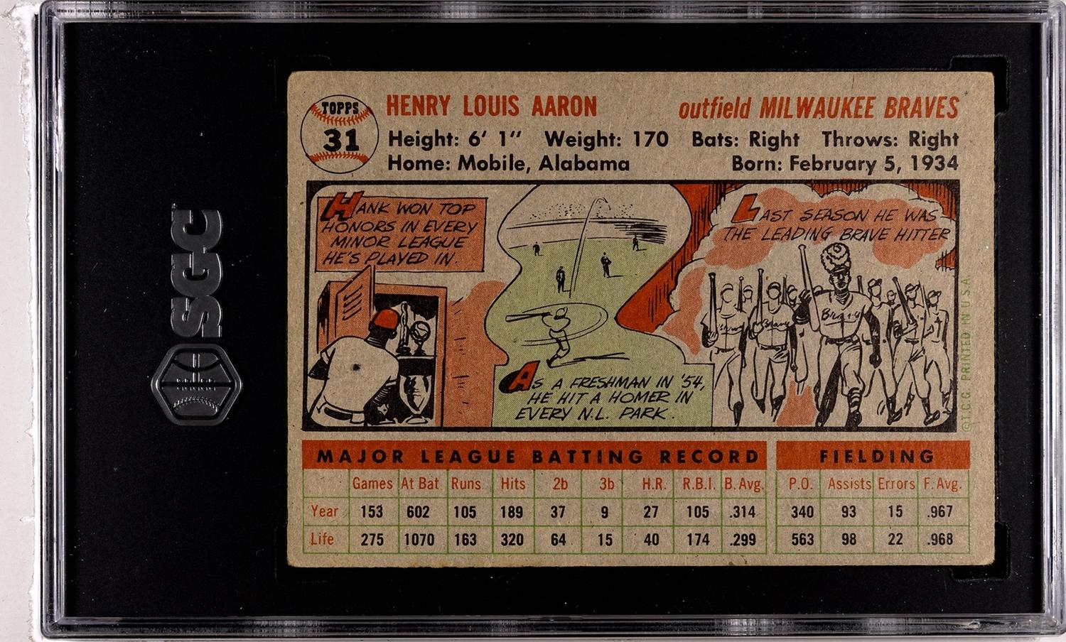 A 1956 Topps Hank Aaron Baseball Card No. 31 Gray Back (SGC 4 VG-EX)