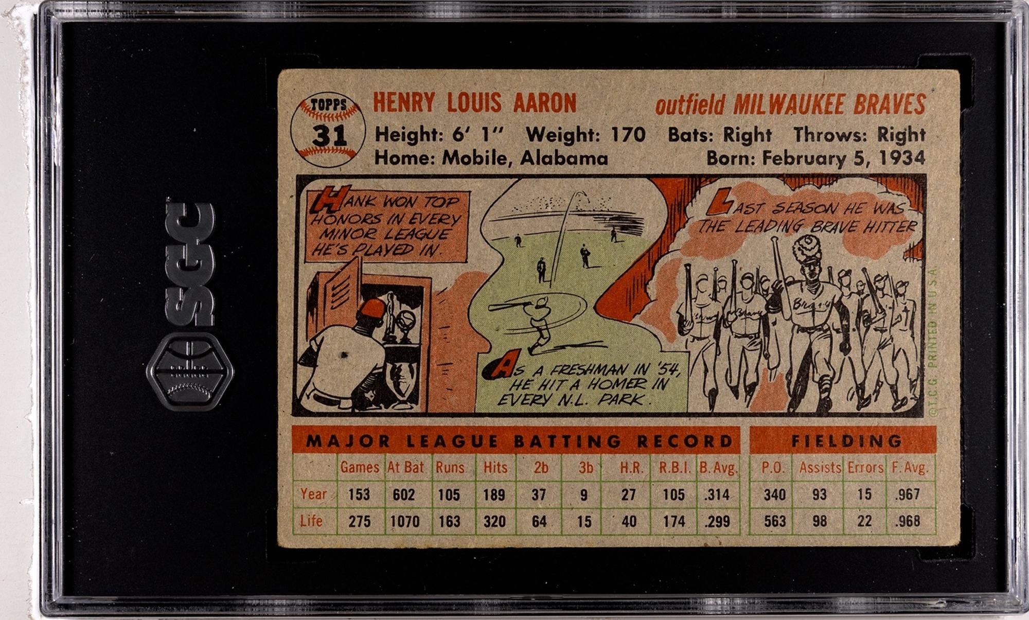 A 1956 Topps Hank Aaron Baseball Card No. 31 Gray Back (SGC 4 VG-EX)