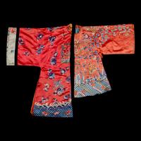 Two Chinese Red Ground Embroidered Silk Robes, 19th Century 清晚期 紅緞地袍褂兩件
