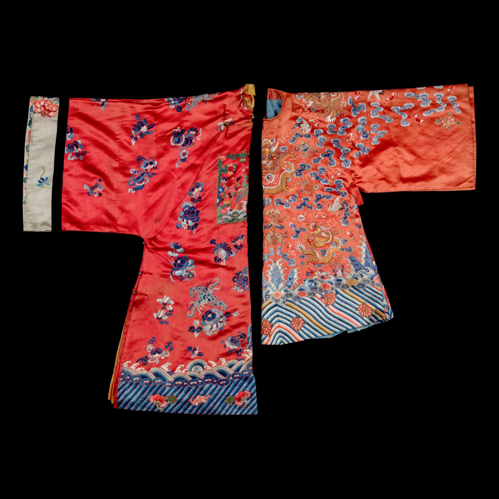 Two Chinese Red Ground Embroidered Silk Robes, 19th Century 清晚期 紅緞地袍褂兩件