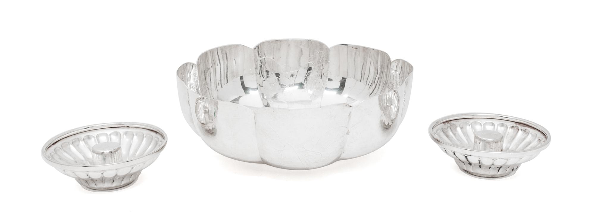 Two Mexican Silver Articles, Various Makers, comprising a lobed bowl with etched decoration to interior, and a pair of candlesticks.