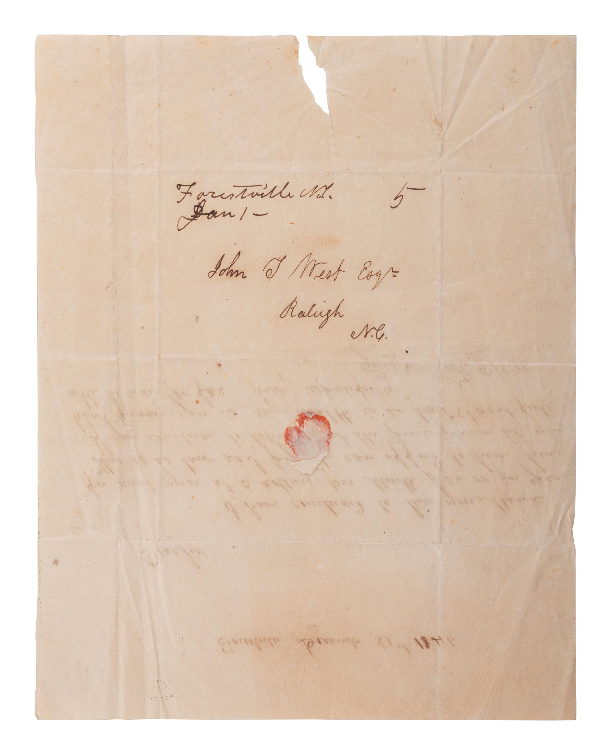 [AFRICAN AMERICANA]. Letter about the hire of enslaved person. Forestville, [NC], 31 December 1846.
