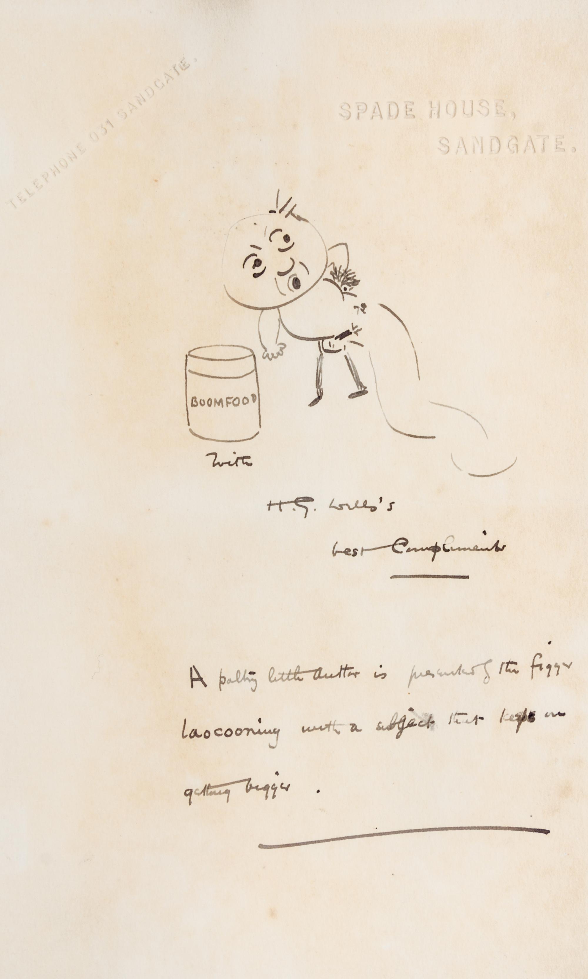 WELLS, H. G. The food of the gods and how it came to earth. London, 1904. Presentation copy with hand-drawn cartoon pasted to f.f.e.p.