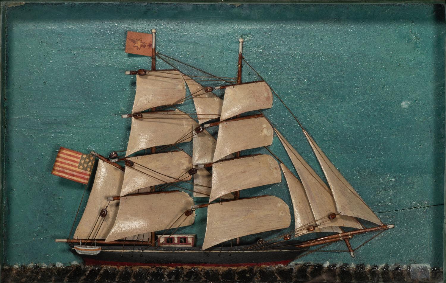 A Carved and Painted Wood Ship Diorama