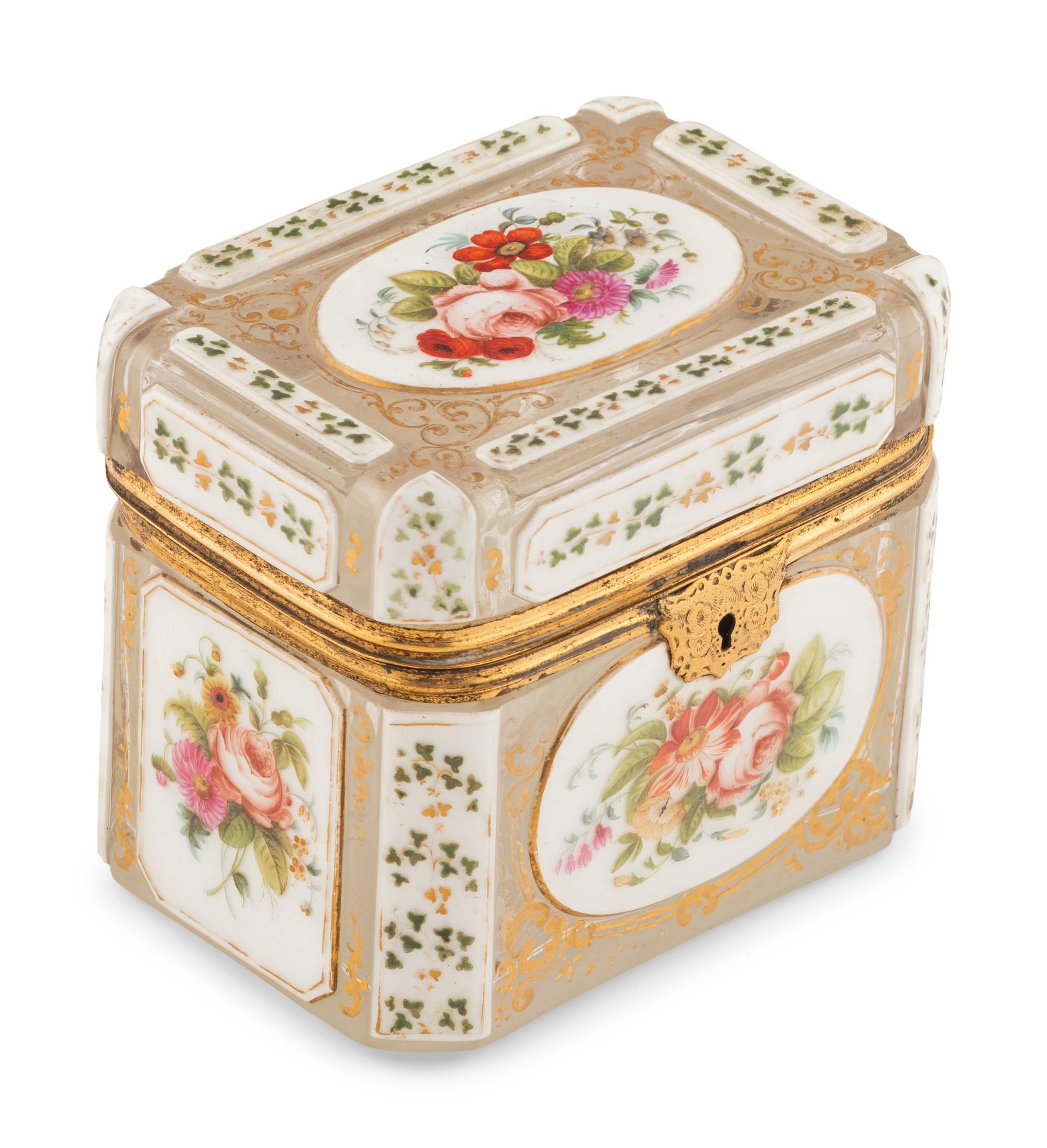 A Continental Parcel Gilt and Enameled Cut Glass Table Casket