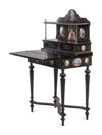 A Napoleon III Porcelain Mounted Ebonized Bonheur du Jour