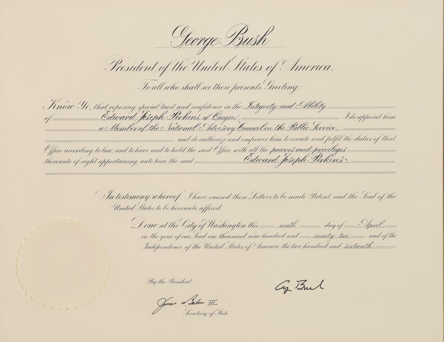[POLITICS]. [PERKINS, Edward Joseph (1928-2020)]. A group of 9 appointments by Presidents Reagan, Bush, Clinton, and Bush to Perkins, presumably with secretarial or facsimile signatures, including: