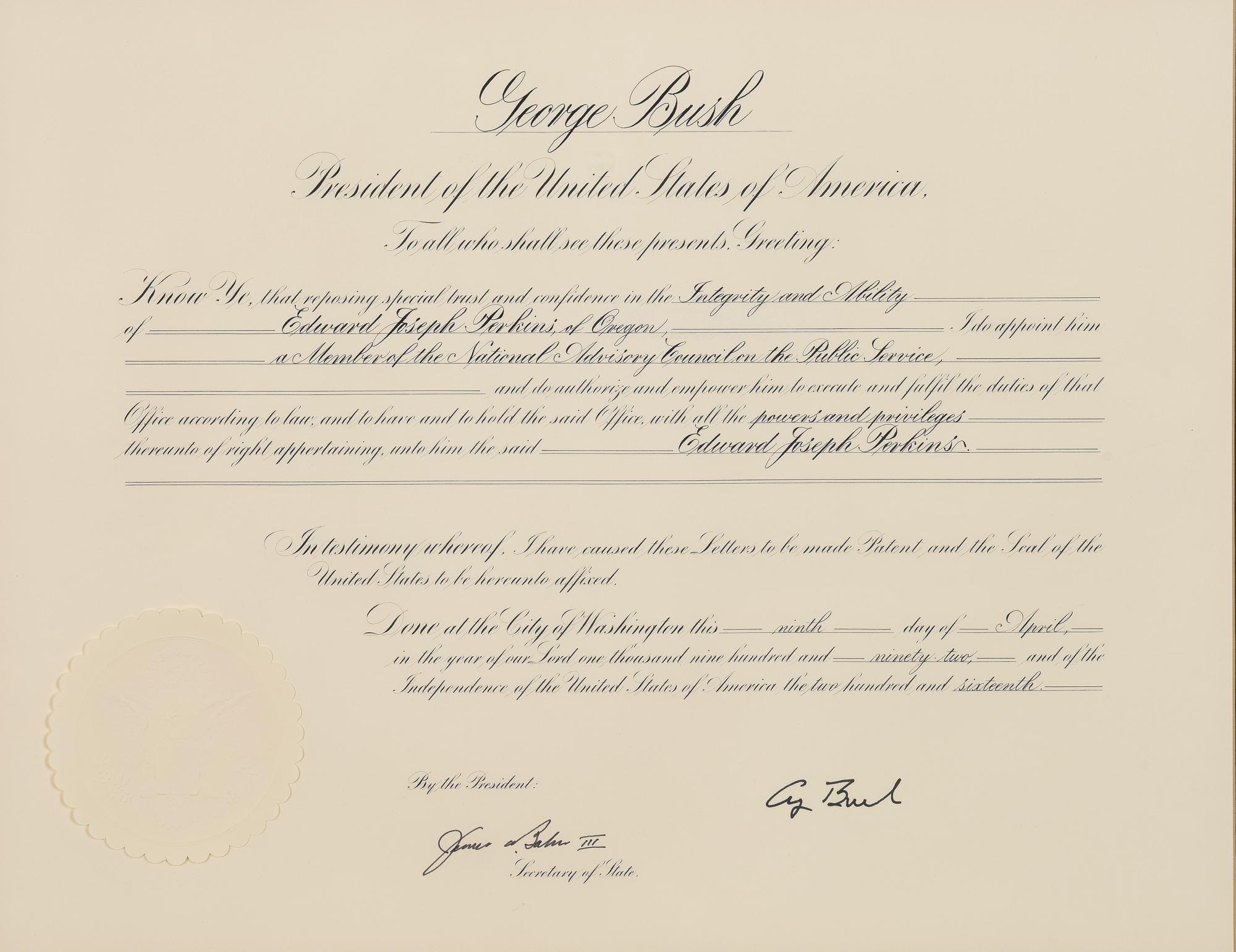 [POLITICS]. [PERKINS, Edward Joseph (1928-2020)]. A group of 9 appointments by Presidents Reagan, Bush, Clinton, and Bush to Perkins, presumably with secretarial or facsimile signatures, including: